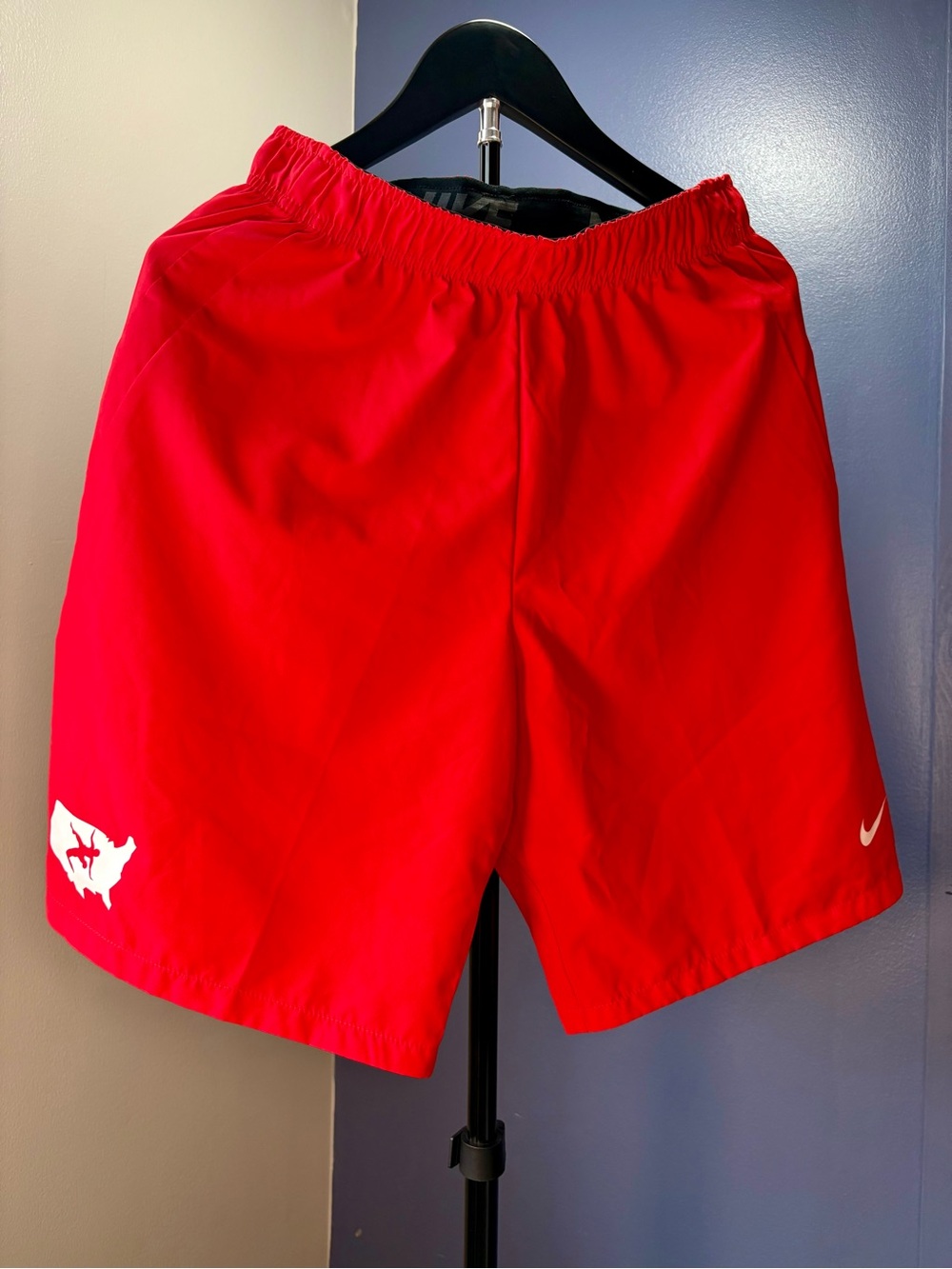Nike Red Athletic Shorts with White U.S. Wrestling Logo